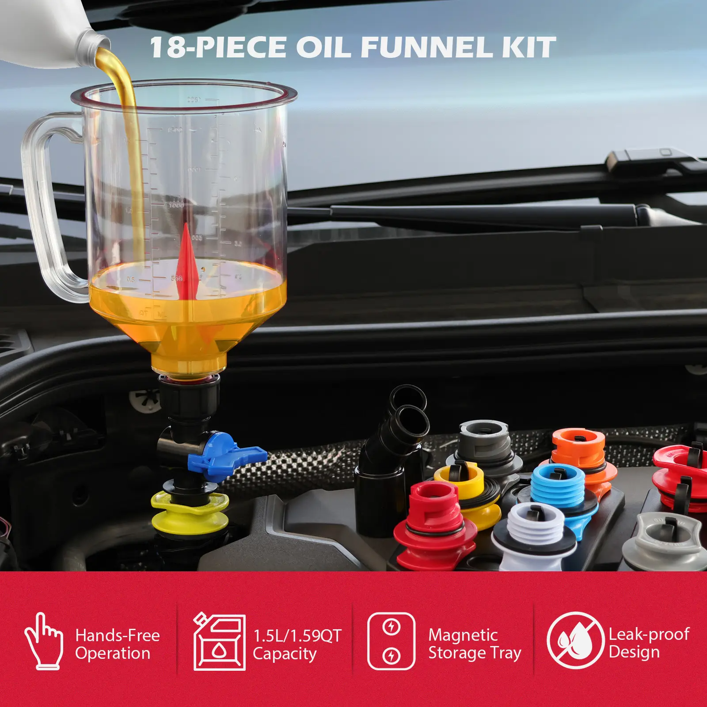 18-Piece Engine Oil Funnel Set with 12 Adapters and Storage Tray